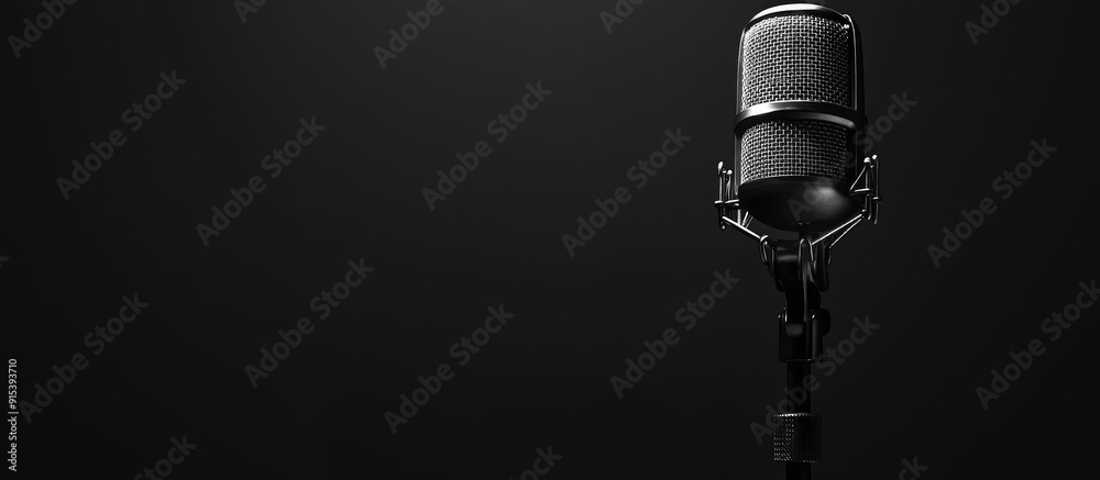 Poster Black and white audio microphone on a stand against a dark black background. with copy space image. Place for adding text or design