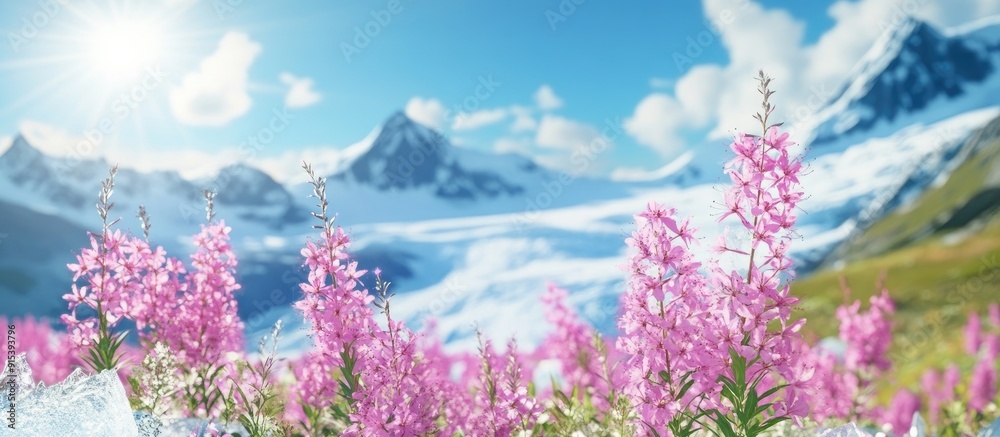 Poster pink dwarf fireweed blossoms glacier and blue sky. with copy space image. place for adding text or d