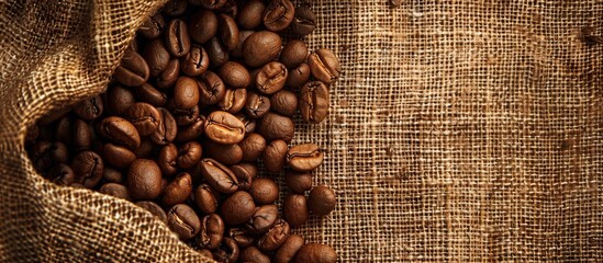 Brown coffee beans on a light burlap background. with copy space image. Place for adding text or design