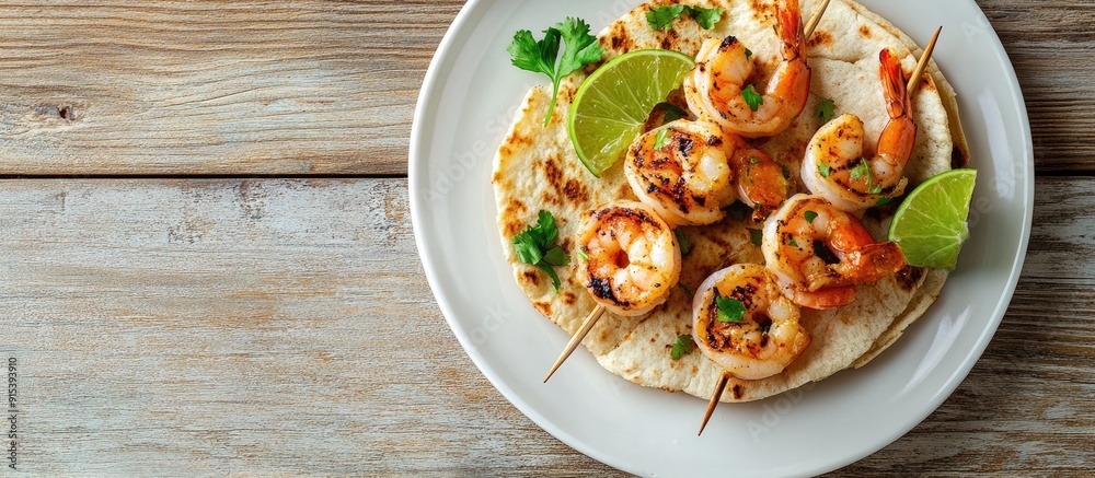 Aufkleber Shrimp skewers served with flatbread and lime. with copy space image. Place for adding text or design