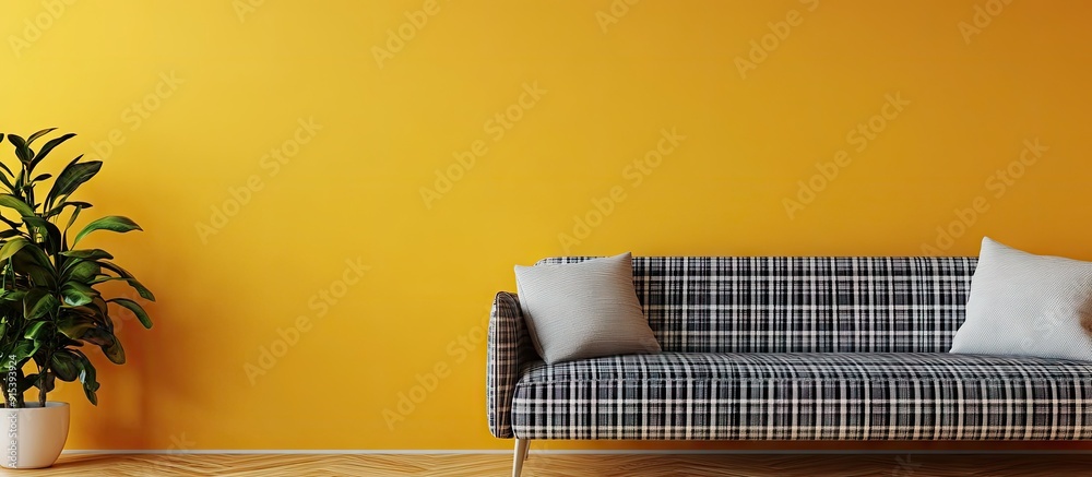 Fototapete stylish sofa with a plaid pattern next to a yellow wall in the living room. with copy space image. p