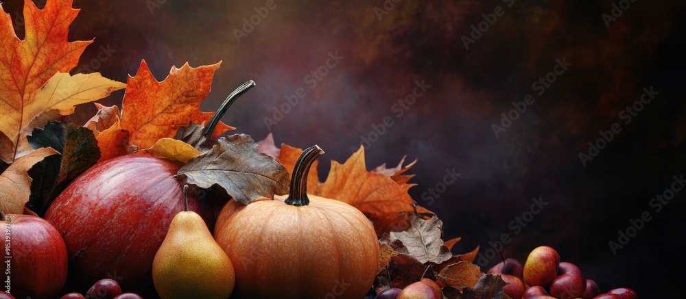 Leinwandbilder autumn still life featuring pumpkins apples pears and vibrant leaves includes space for your text. w