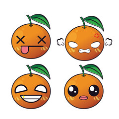 Vector set of cute Orange fruit emojis. Isolated on white background. Kawaii cartoon smiling Oranges.