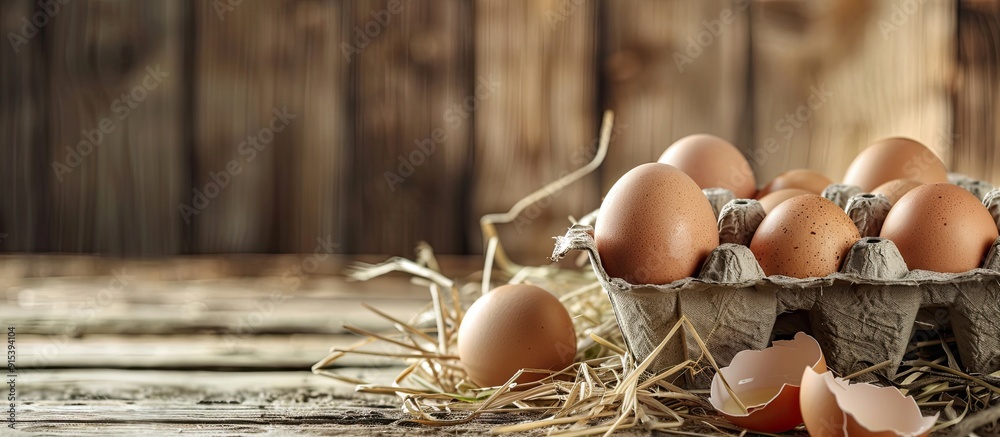Aufkleber fresh chicken eggs background brown and white eggs in a craft carton placed on hay at a rustic woode