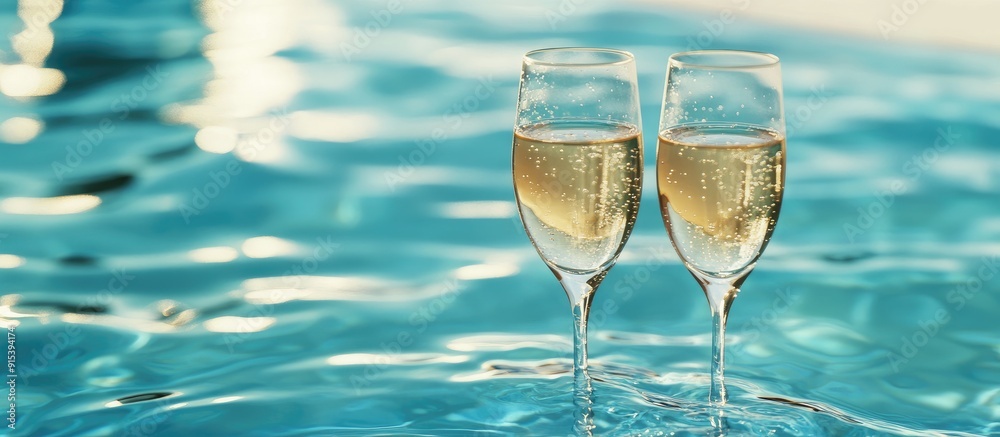 Aufkleber Champagne glasses in the pool. with copy space image. Place for adding text or design
