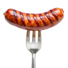 grilled sausage on a fork