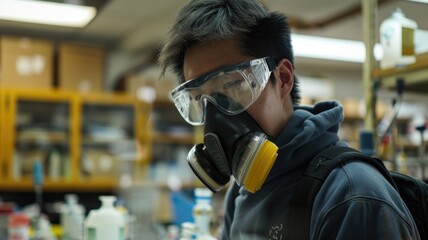 Scientist in a laboratory wearing safety goggles and gloves, carefully conducting a research experiment.