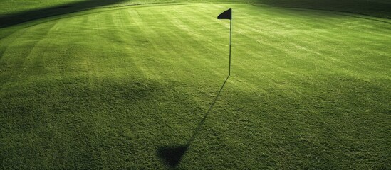 Hole on the putting green with a flagstick and shadow of the flag Represents a target point for success Copyspace available for your text