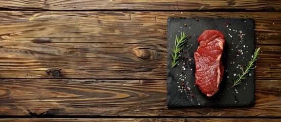 Raw beef steak on a black slate tray set against a rustic wooden background top view copy space