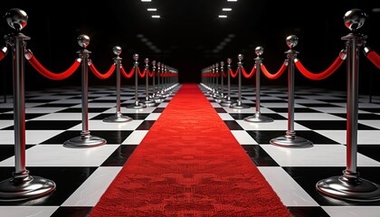 Red Carpet Entrance with Silver Stanchions and Checkerboard Floor