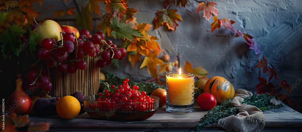 Aufkleber Fresh vegetables a candle and a picture frame featuring autumn maple leaves. with copy space image. Place for adding text or design