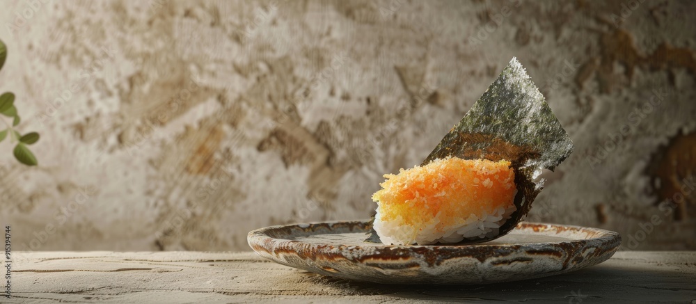 Poster japanese cuisine featuring deep fried bread crumbs and nori sardine fish as comfort food depiction. 