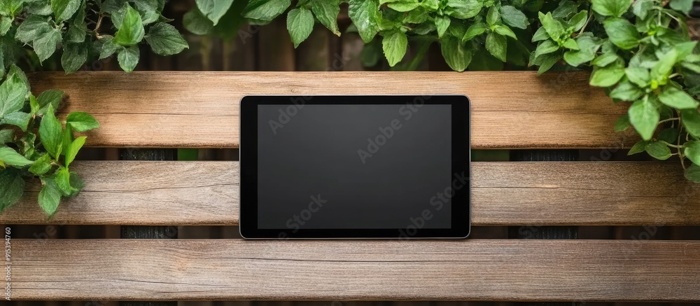 Poster black tablet with a keyboard placed on a wooden gardening table. with copy space image. place for ad