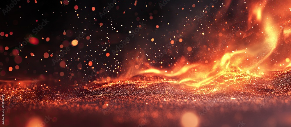 Poster Fire flames on an abstract black background with burning red hot sparks rising and glowing orange particles flying. with copy space image. Place for adding text or design