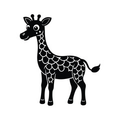 Fototapeta premium cute cartoon giraffe on a white background. Cute black cartoon giraffe with big eyes and patterned body in playful minimal silhouette style