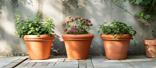 Fototapeta premium A line of terra cotta flower pots containing a young plant Gardening idea. with copy space image. Place for adding text or design