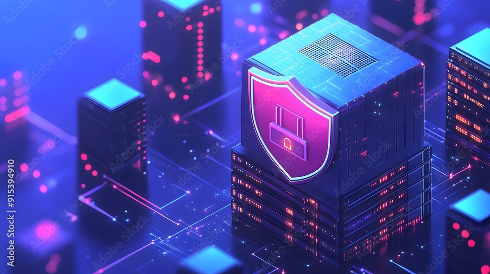 Wall mural futuristic cybersecurity concept with glowing shield protecting digital infrastructure in a high-tec