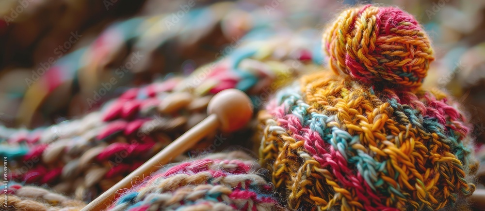 Poster balls of wool yarn a small knitted hat and wooden knitting needles on a wooden surface craft hobby c