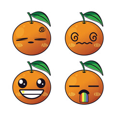 Vector set of cute Orange fruit emojis. Isolated on white background. Kawaii cartoon smiling Oranges.