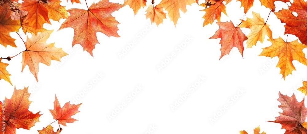 Poster Frame of autumn maple leaves with copyspace on a white background