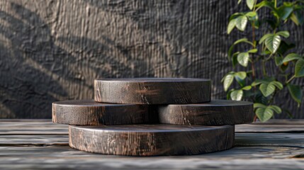 A wooden display with three round pieces on top of each other