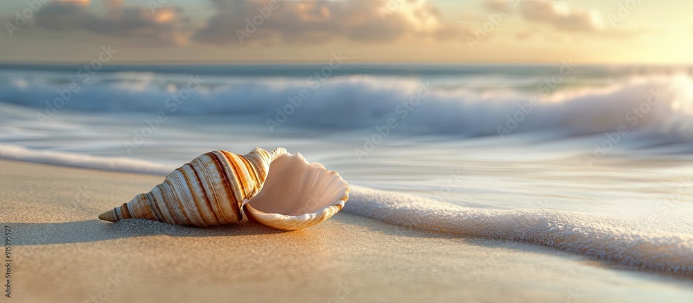 Poster Shell on sandy beach near ocean waves. with copy space image. Place for adding text or design