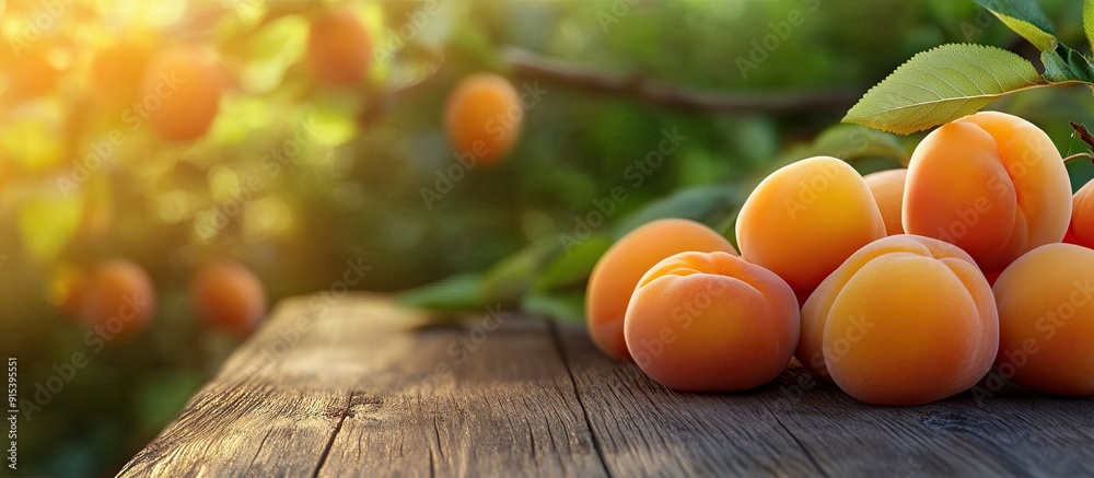 Leinwandbilder fresh ripe apricots on a wooden table closeup area for text. with copy space image. place for adding