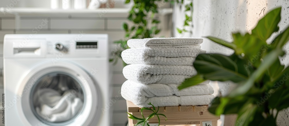 Aufkleber Stack of clean towels alongside a plant on the washing machine in the laundry room. with copy space image. Place for adding text or design