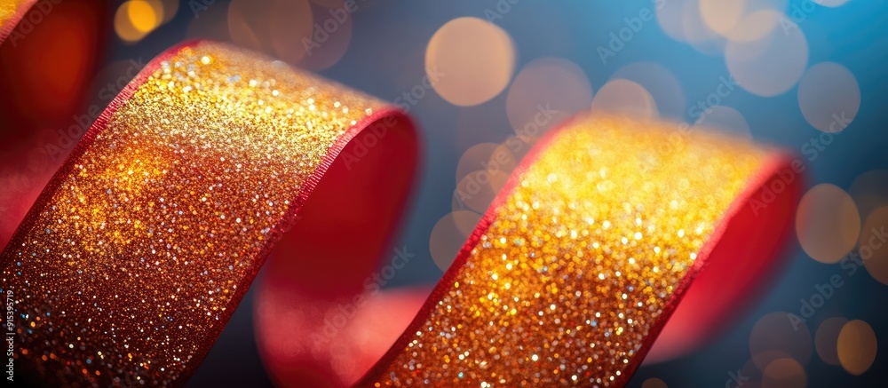 Leinwandbilder Closeup of a beautiful red and yellow glitter ribbon with a blurred background. with copy space image. Place for adding text or design