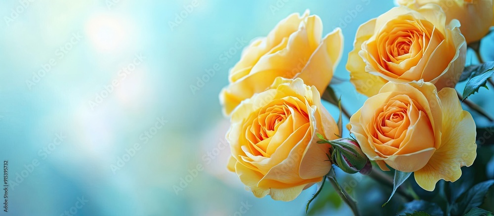 Poster Close up of yellow roses against a blue background with soft selective focus. with copy space image. Place for adding text or design