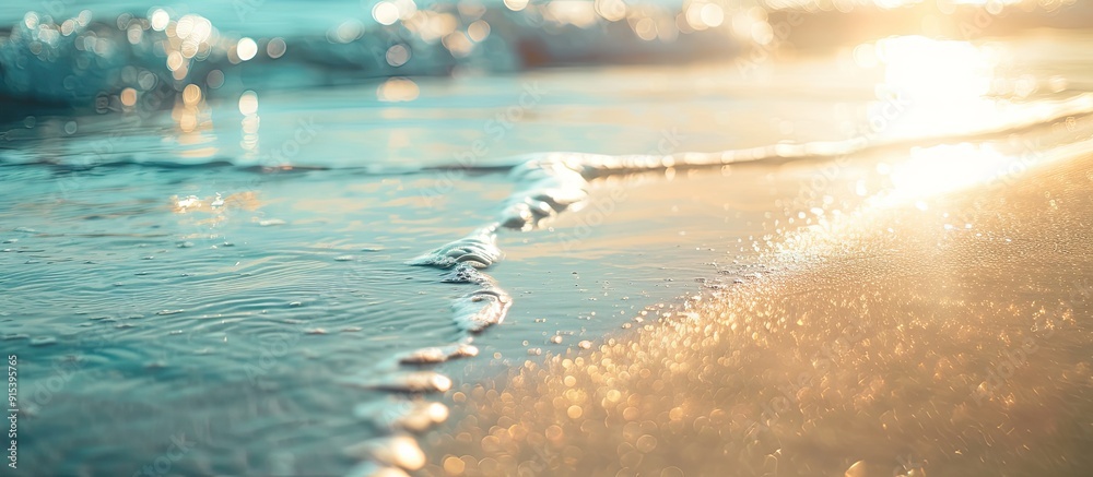 Poster abstract blurred beach with bokeh sunlight reflecting on the sand texture background copy space for 