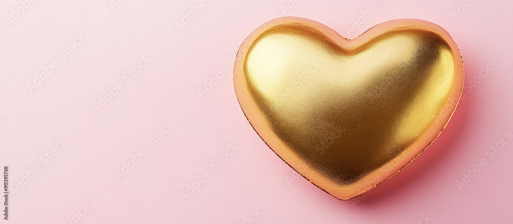 Poster gold heart valentine on pink backdrop. with copy space image. place for adding text or design