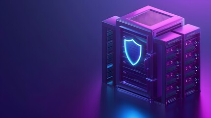 Obraz premium Futuristic data server protected with advanced cybersecurity technology, glowing shield icon, showcasing digital security in neon hues.