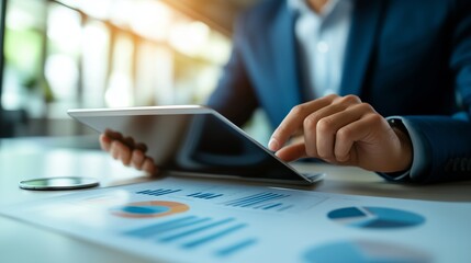 Naklejka premium Business professional analyzing market data on a tablet during daytime in a modern office