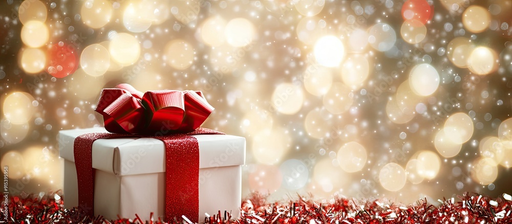 Poster christmas backdrop featuring a white gift box adorned with a red bow set against a background of chr