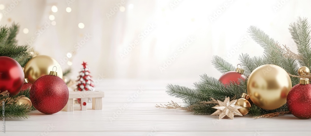 Poster christmas arrangement featuring fir branches golden and red balloons and wooden toys on a white wood