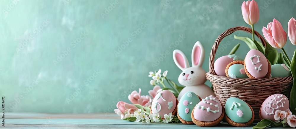 Aufkleber Easter greeting card background featuring pastel colored eggs and homemade cookies shaped like eggs and bunny rabbits along with a basket tulips and a rustic wooden table with copy space