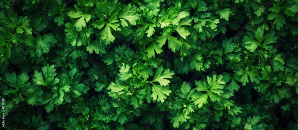 Aufkleber top view of a fresh coriander herb plant cultivating your own herbs at home. with copy space image. 