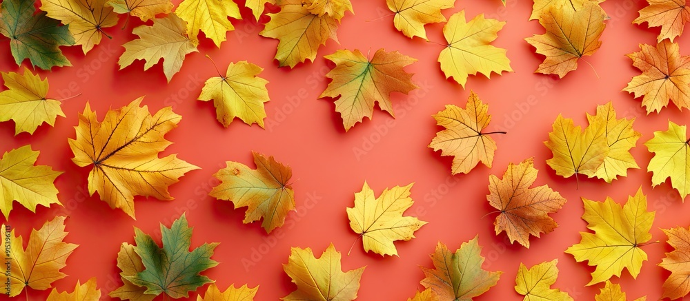 Aufkleber Golden autumn theme A pattern of yellow green and orange maple leaves on a coral background Top view Fall colors. with copy space image. Place for adding text or design