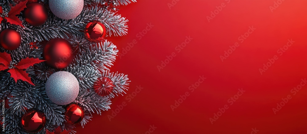Poster christmas decorations on a vibrant red backdrop shiny and frosted christmas balls and a wreath set a
