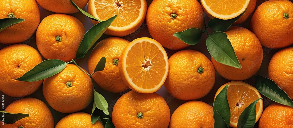 Poster fresh oranges hanging from branches in an orange grove sources of vitamin c artificial lighting sele