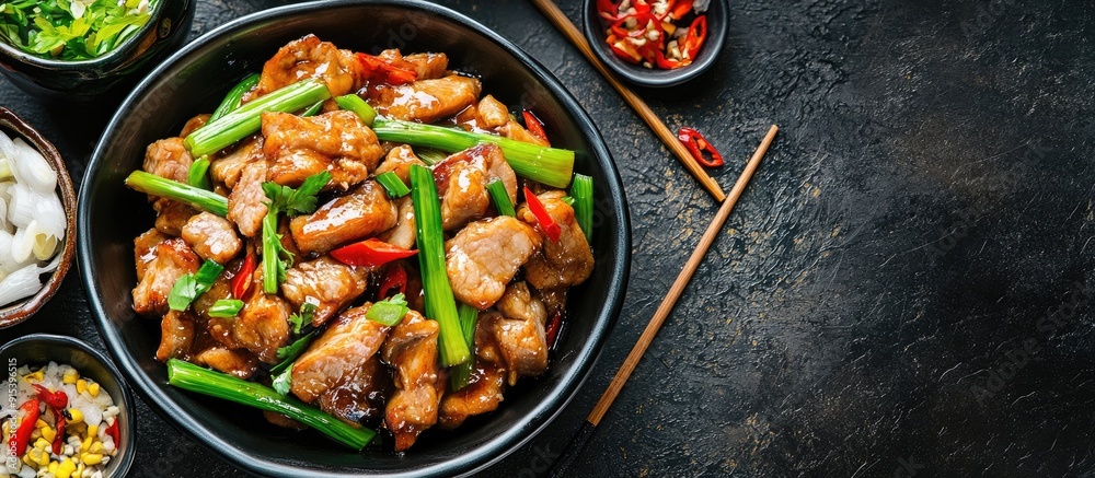 Poster asian cuisine stir fried pork with chinese leeks. with copy space image. place for adding text or de