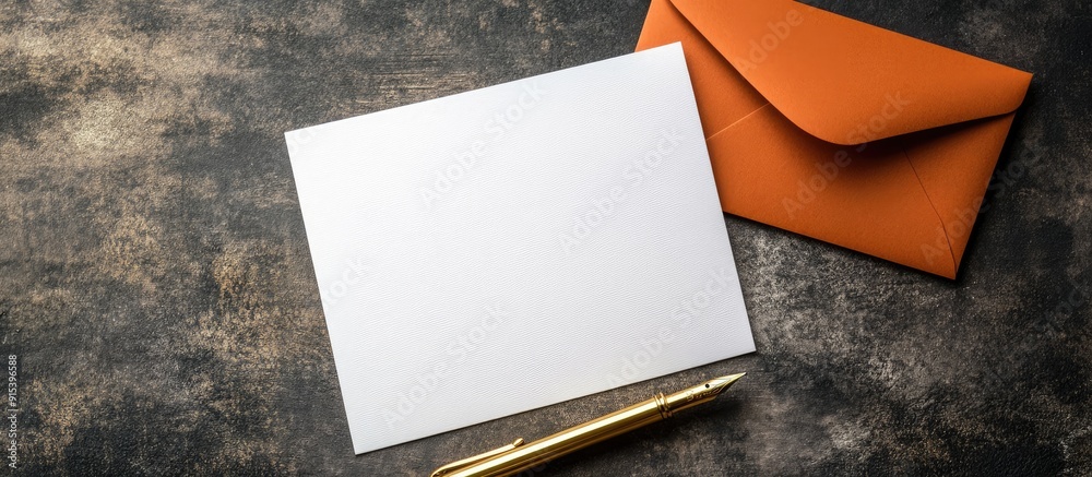 Leinwandbilder a blank white card beside a golden pen and an orange paper envelope. with copy space image. Place for adding text or design