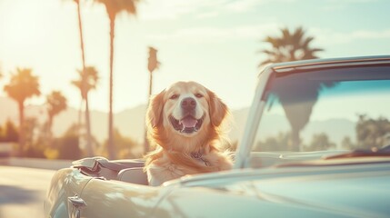 A happy golden retriever enjoys a sunny ride in a convertible car on a warm afternoon