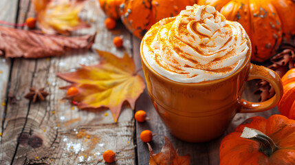 a pumpkin spice latte, topped with frothy whipped cream and a sprinkle of nutmeg, placed on a rustic wooden table surrounded by autumn leaves and mini pumpkins