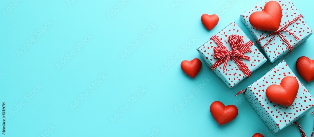 Poster Gift boxes adorned with decorative red hearts on a turquoise background viewed from above Room for text. with copy space image. Place for adding text or design