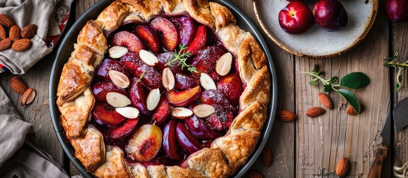 Plum Galette A healthy homemade wholegrain fruit pie galette featuring plums almonds and brown sugar this vegan vegetarian dessert is perfect for autumn. with copy space image