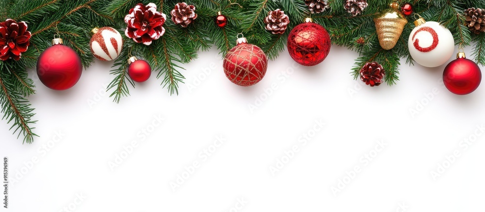 Aufkleber Christmas holiday items on a white background featuring decorations for the Christmas tree. with copy space image. Place for adding text or design