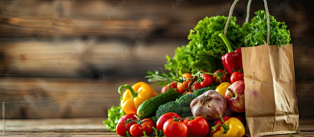 Fototapete Grocery shopping idea Balanced diet idea Fresh produce with a shopping bag on a rustic wooden background. with copy space image. Place for adding text or design
