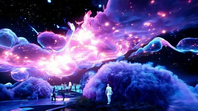 A sleek chamber features glowing blue details and vibrant cosmic imagery on the walls, showcasing advanced technology and imaginative design